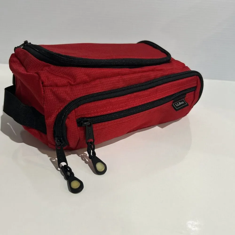 Vintage LL Bean Red Nylon Dopp Kit Travel Toiletry Bag Zippered Pockets